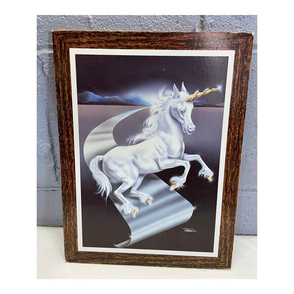 Vintage 1980s Unicorn Fantasy Art Print On Press Board White Horse Ferraro - Picture 2 of 10